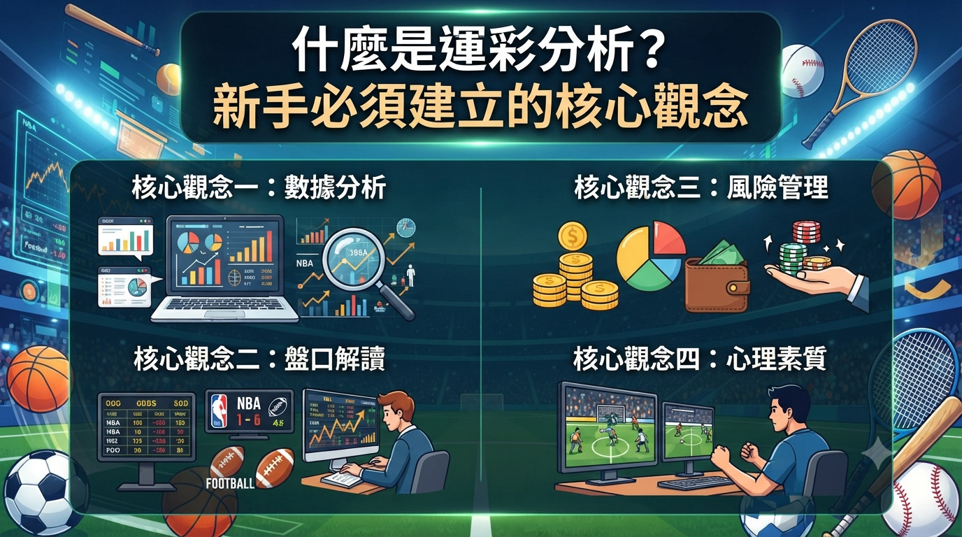 這張圖片以運動賽事為背景，上方醒目地展示了「什麼是運彩分析？新手必須建立的核心觀念」的主標題。 畫面透過數據圖表與分析場景的插圖，突顯出運動彩券分析的專業性與新手入門的重要核心。