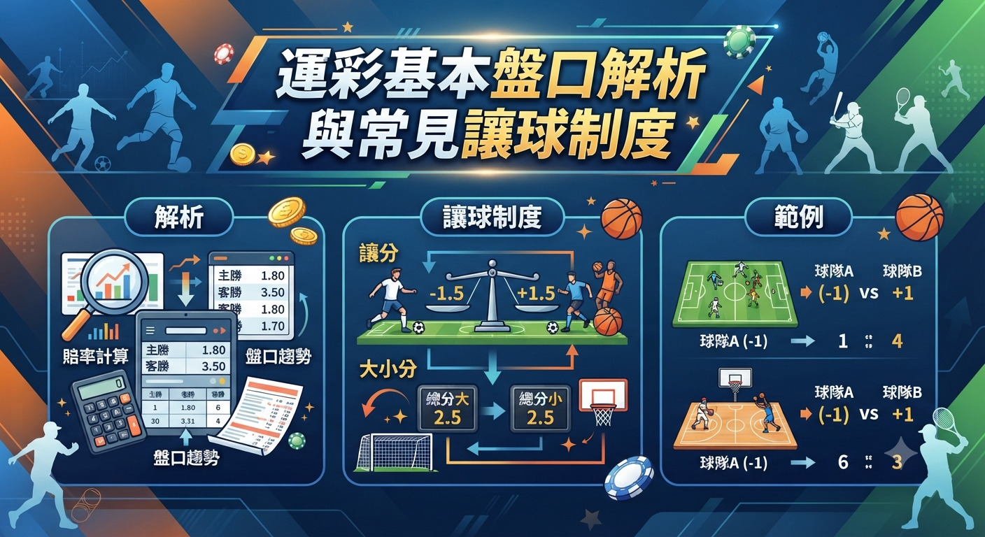 本圖片為「運彩基本盤口解析與常見讓球制度」的主題圖，以專業且具科技感的藍色為主色調。 畫面中結合了各種運動剪影、賠率計算圖表以及讓分與大小分的圖解設計。